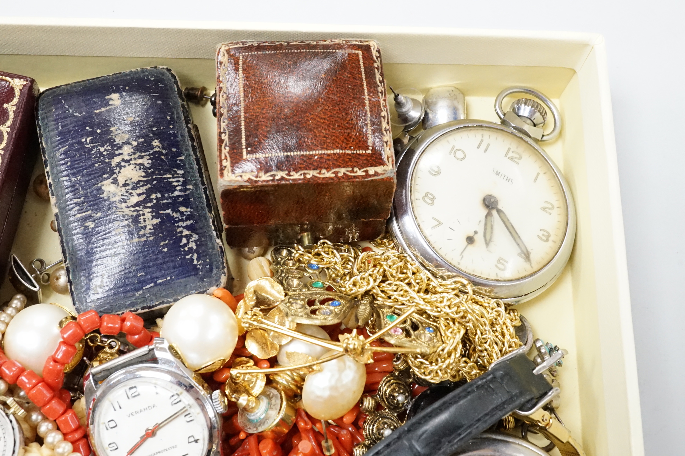 A group of assorted wrist and pocket watches and sundry costume jewellery.